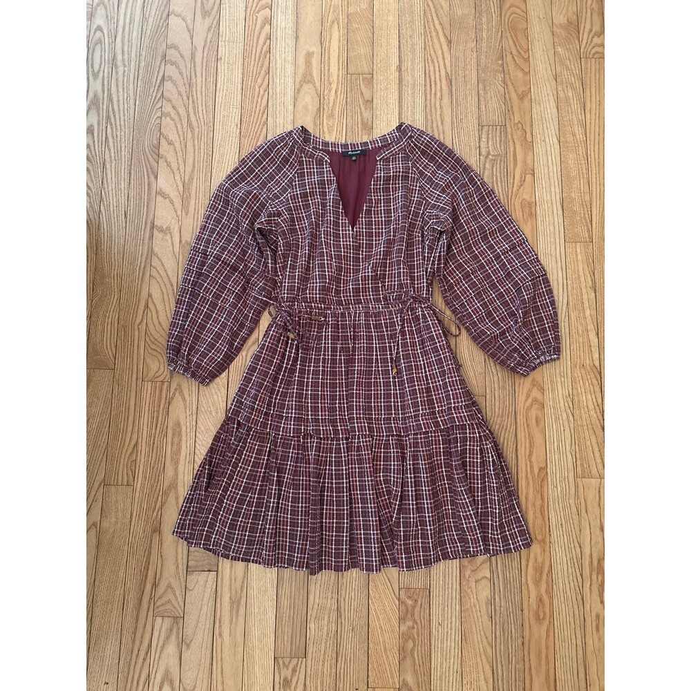 Dress red plaid gingham vneck lined long sleeve drawstring pockets 100% cotton